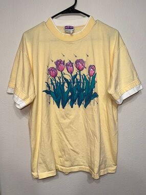 Vintage Yellow Pink Flower Tulip Painted Graphic Tee